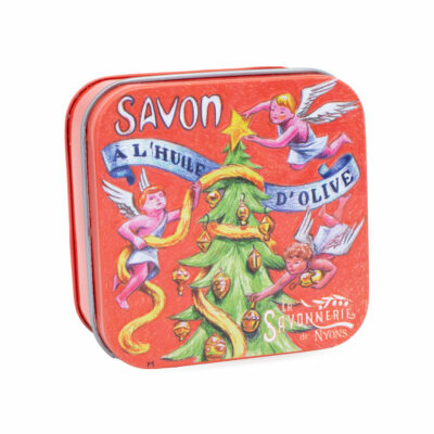 Boite à savon en métal retro illustrée avec un sapin de Noël de la collection de savons parfumés "Boites avec Savons" - Fabriqué en France par La Savonnerie de Nyons