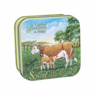 Boite à svon en métal retro illustrée par une vache et son veau de la collection de savons parfumés "Boites avec Savons" - Fabriqué en France par La Savonnerie de Nyons