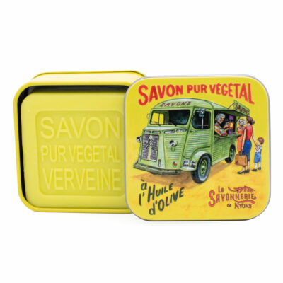 Savon à la verveine dans une boite en métal retro illustrée par une camionette anicenne de la collection de savons parfumés "Boites avec Savons"