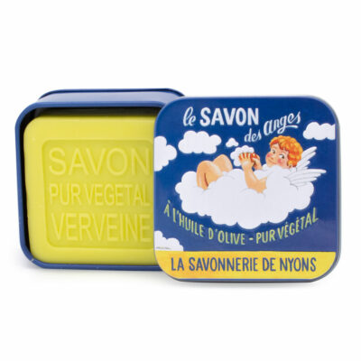 Savon carré dans une boite en métal retro illustrée par un ange de la collection de savons parfumés "Boites avec Savons"