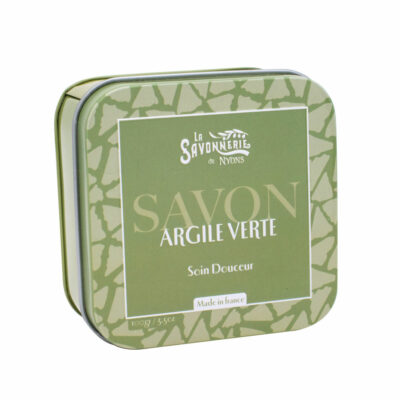 Boite à savon à l'argile verte en métal verte de la collection de savons "Savons à l’argile" - Fabriqué en France par La Savonnerie de Nyons