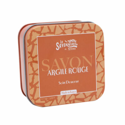 Boite à savon en métal rouge de la collection de savons "Savons à l’argile" - Fabriqué en France par La Savonnerie de Nyons