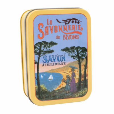 Boite pour savon de 200g en metal vintage illustrée par un dessin retro de la Côte d'Azur de la collection "Boites avec Savons" - Fabriqué en France par La Savonnerie de Nyons
