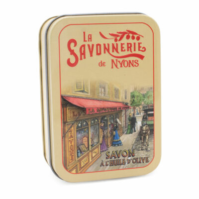 Boite pour savon de 200g en metal illustrée par un dessin retro de boutique provençale de la collection "Boites avec Savons" - Fabriqué en France par La Savonnerie de Nyons