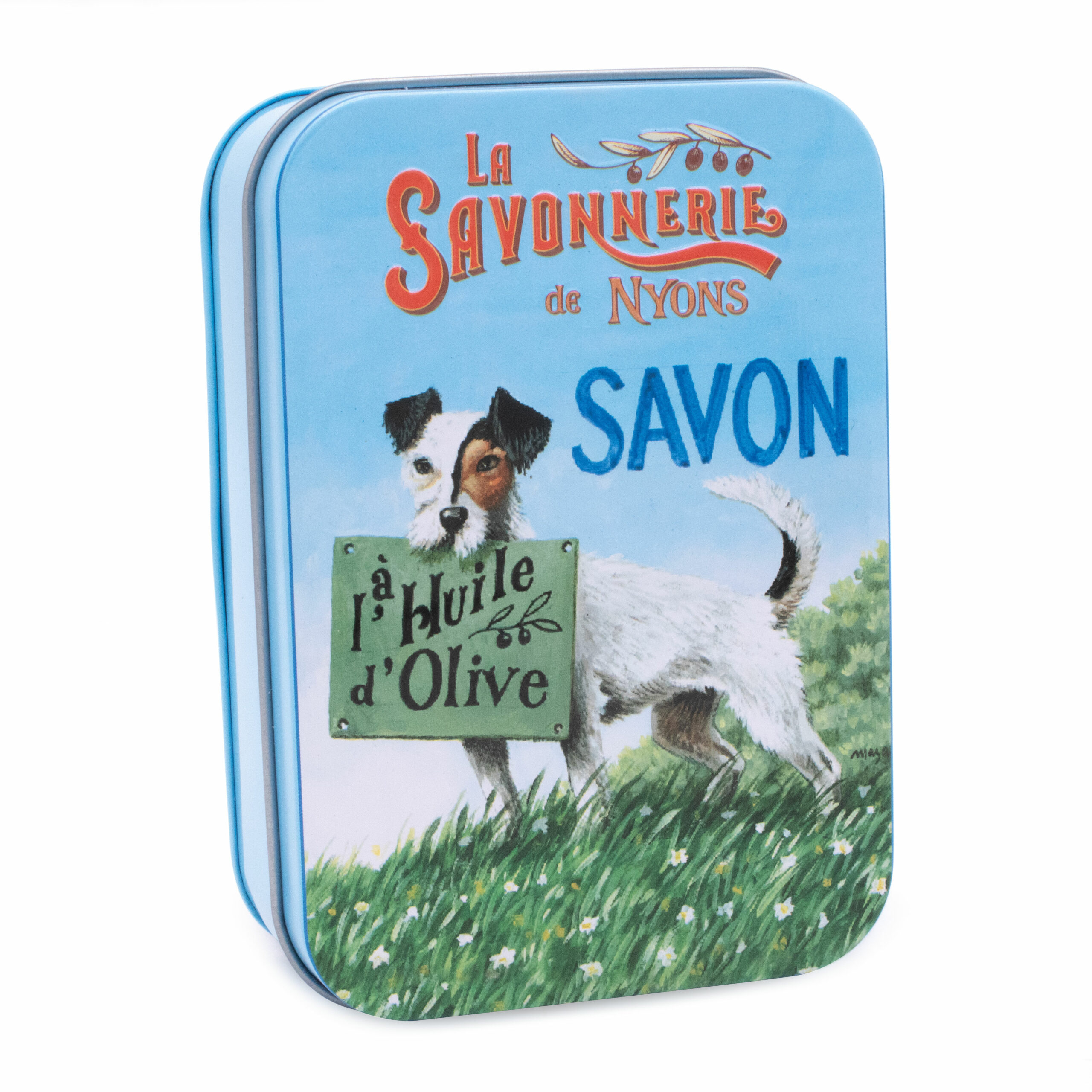 Boite pour savon de 200g en metal vintage illustrée par un dessin retro d'un chien Jack Russel de la collection "Boites avec Savons" - Fabriqué en France par La Savonnerie de Nyons