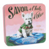 Boite à savon en metal vintage illustrée par un dessin de chien westie contenant 4 savons - Fabriqué en France par La Savonnerie de Nyons