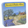 Boite à savon en metal vintage illustrée par un dessin de retro de paysage provençal contenant 4 savons - Fabriqué en France par La Savonnerie de Nyons