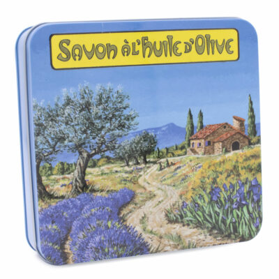 Boite à savon en metal vintage illustrée par un dessin de retro de paysage provençal contenant 4 savons - Fabriqué en France par La Savonnerie de Nyons