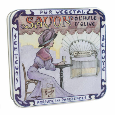 Boite à savon en metal vintage illustrée par un dessin du Metropolitain parisien contenant 4 savons de 100g - Fabriqué en France par La Savonnerie de Nyons
