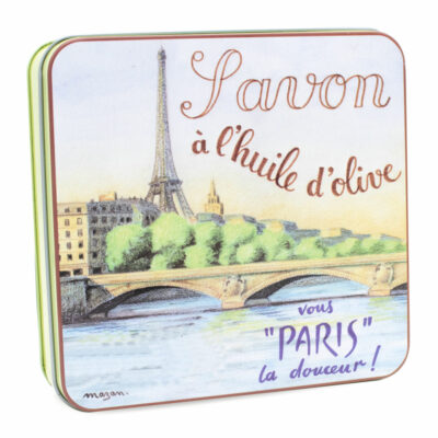Boite à savon en metal vintage illustrée par un dessin de la Seine à Paris parisien - Fabriqué en France par La Savonnerie de Nyons