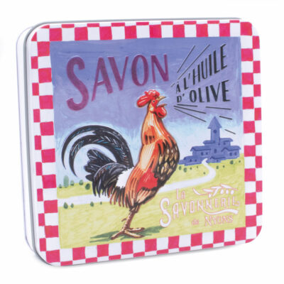 Boite à savon en metal vintage illustrée par un dessin representant un coq - Fabriqué en France par La Savonnerie de Nyons