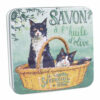 Boite en metal vintage illustrée par un dessin representant deux chats Felix noir et blanc - Fabriqué en France par La Savonnerie de Nyons