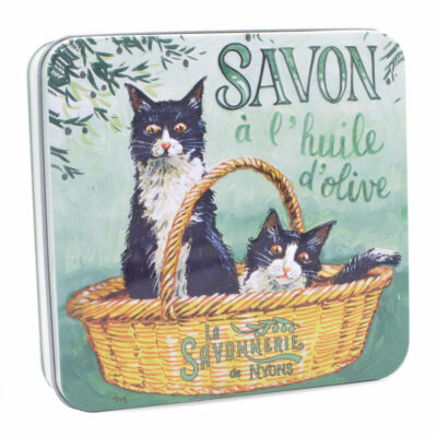 Boite en metal vintage illustrée par un dessin representant deux chats Felix noir et blanc - Fabriqué en France par La Savonnerie de Nyons