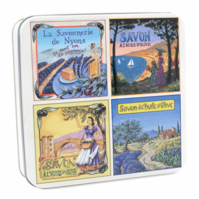 Boite à savon en metal vintage illustrée par un dessin representant un paysage de Provence - Fabriqué en France par La Savonnerie de Nyons