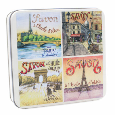 Boite à savon en metal vintage illustrée par un dessin representant une vue de Paris - Fabriqué en France par La Savonnerie de Nyons