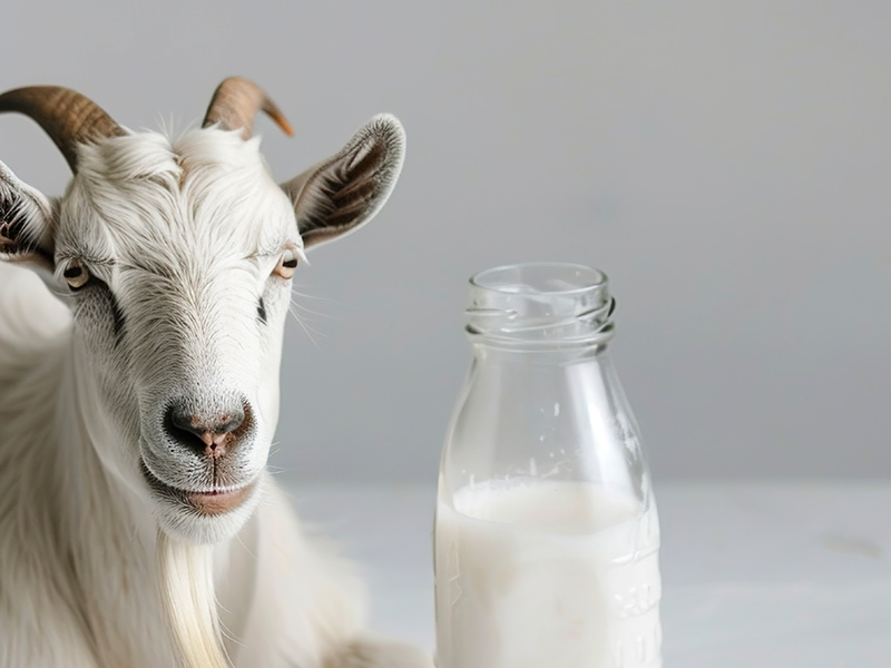 lait de chevre avec une chevre sur fond gris pour mettre en avant les vertus pour la peau