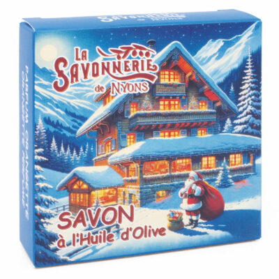 pochette carton illustrée pour savon 100 g Beurre de Karité Bio et Huile d’Olive de Nyons – Étui en carton chalet enneigé de Noël