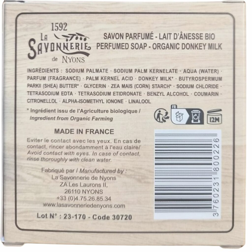 Etiquette avec la liste d'ingredients du savon au lait d'anesse bio