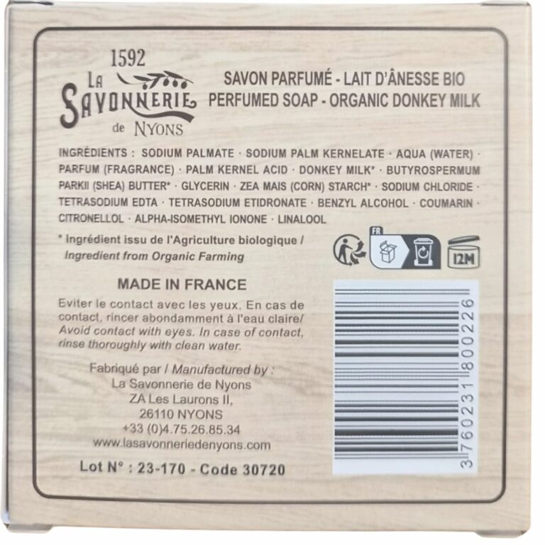 Etiquette avec la liste d'ingredients du savon au lait d'anesse bio