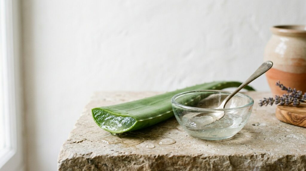 Feuille d'aloe vera ouverte sur son gel translucide et bol de gel sur une pierre calcaire - illustration, La Savonnerie de Nyons