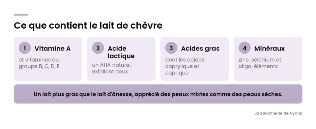 Infographie : ce que contient le lait de chèvre (vitamine A, acide lactique, acides gras, minéraux) - La Savonnerie de Nyons