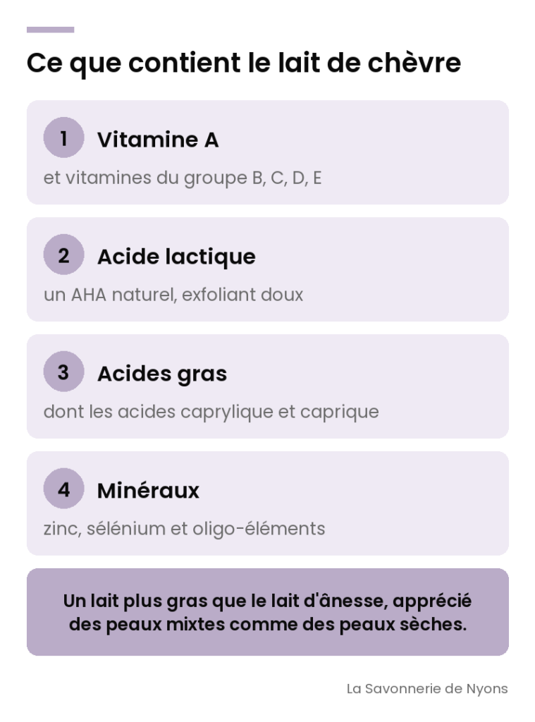 Infographie : ce que contient le lait de chèvre (vitamine A, acide lactique, acides gras, minéraux) - La Savonnerie de Nyons