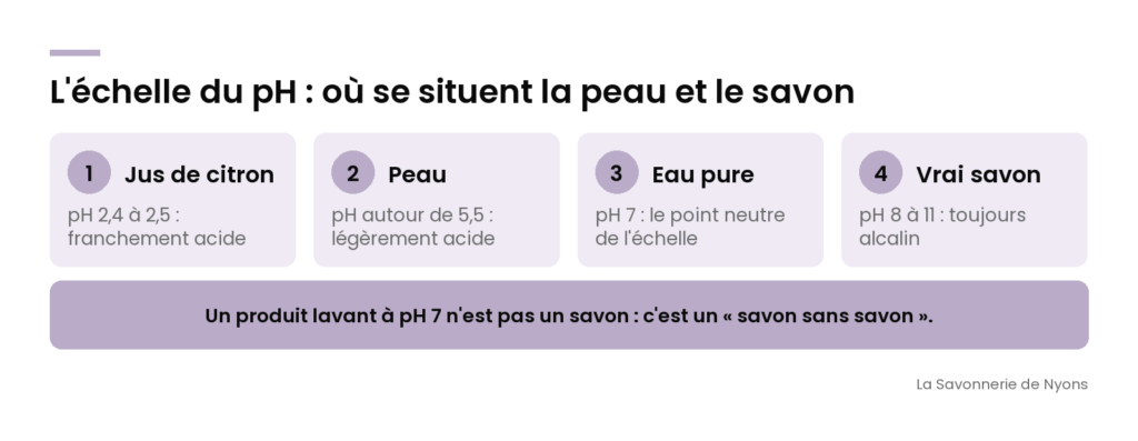 Infographie : l'échelle du pH de 0 à 14, du jus de citron au vrai savon, avec la peau autour de 5,5 - La Savonnerie de Nyons