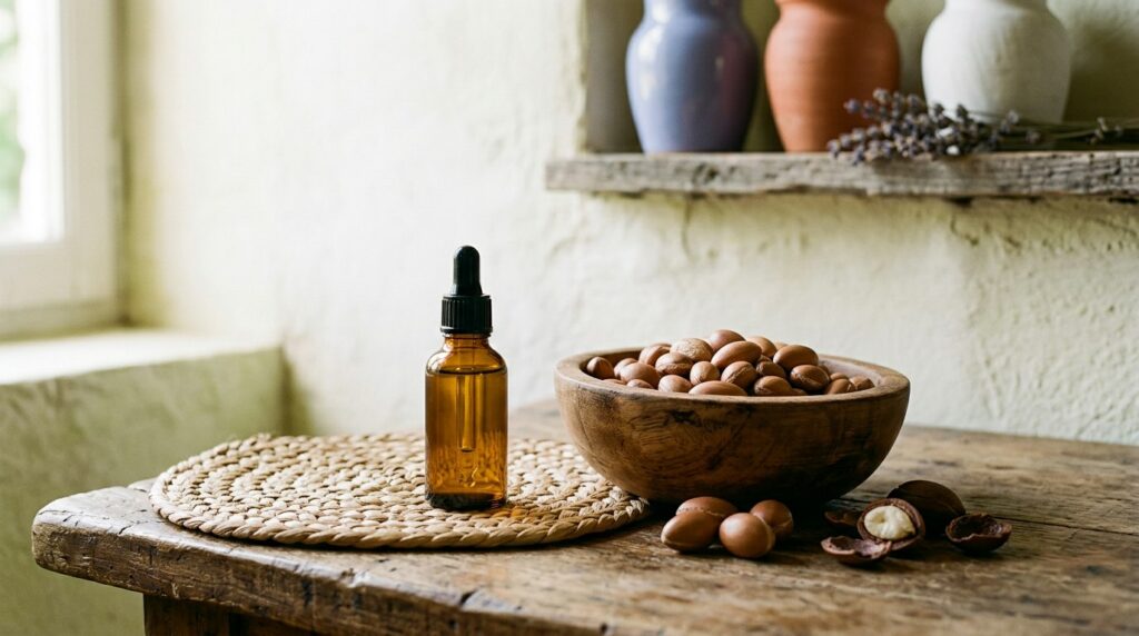 Flacon compte-gouttes d'huile d'argan dorée, bol d'amandons et noix d'argan sur une natte tressée - illustration, La Savonnerie de Nyons