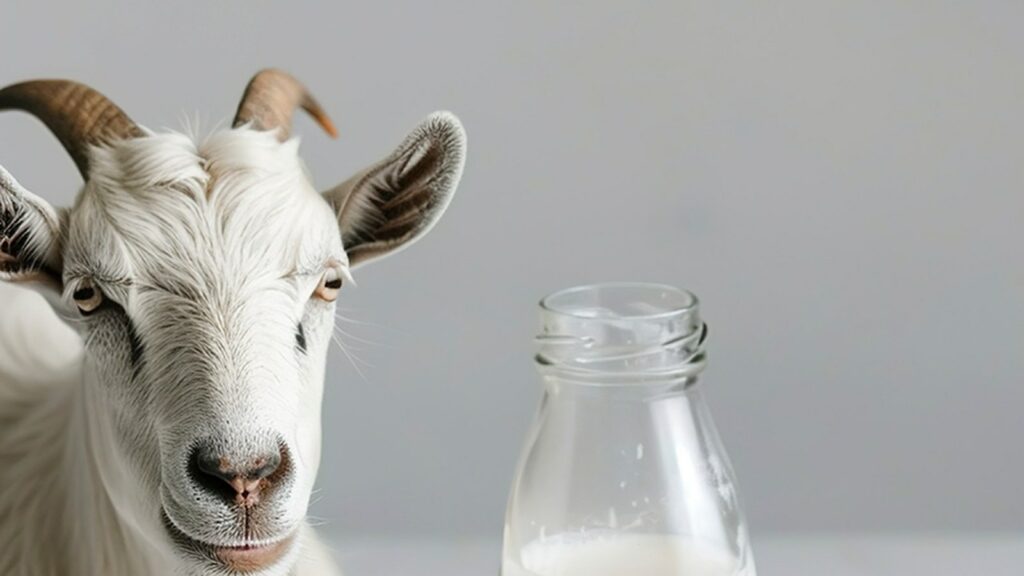 Savon au lait de chèvre : bienfaits, pour quelle peau et comment le choisir | La Savonnerie de Nyons lait de chevre avec une chevre sur fond gris pour mettre en avant les vertus pour la peau