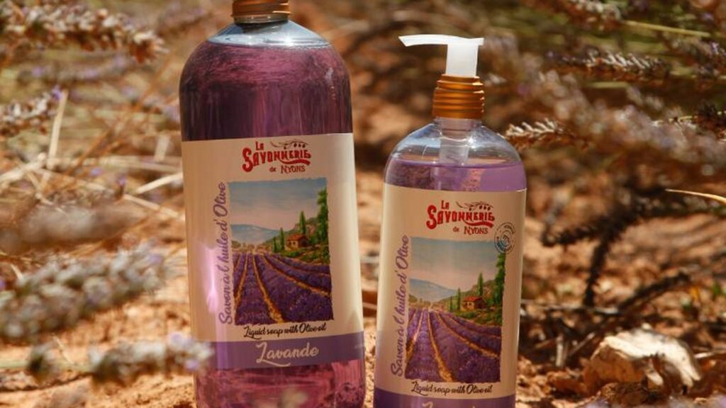 Bidon et recharge de savon liquide à la lavande de la Savonnerie de Nyons