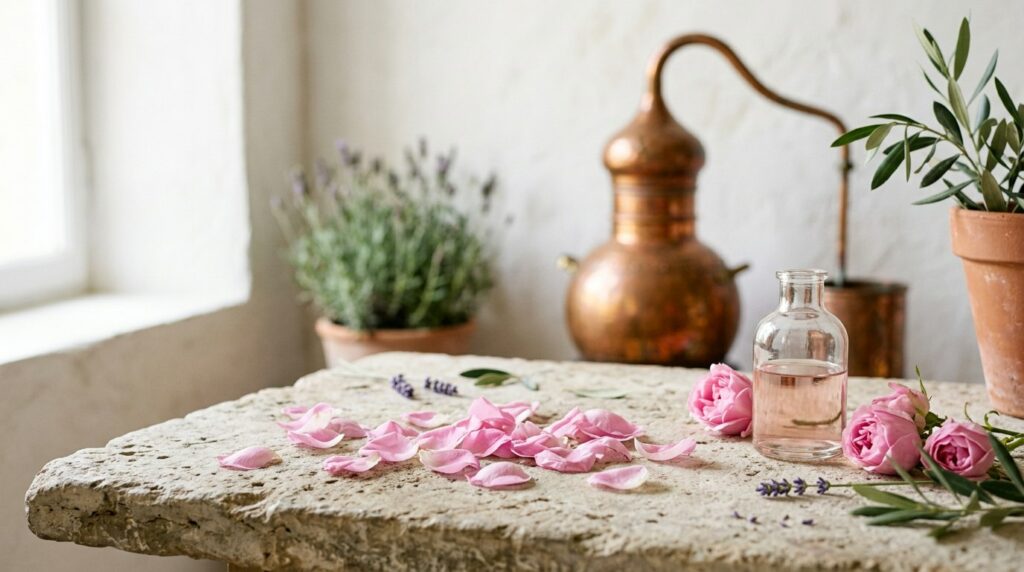 Pétales de rose de Damas et flacon d'eau de rose sur une table de pierre, alambic en cuivre en arrière-plan - illustration, La Savonnerie de Nyons