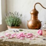 La rose en cosmétique : eau de rose, huile essentielle, savon | La Savonnerie de Nyons Pétales de rose de Damas et flacon d'eau de rose sur une table de pierre, alambic en cuivre en arrière-plan - illustration, La Savonnerie de Nyons