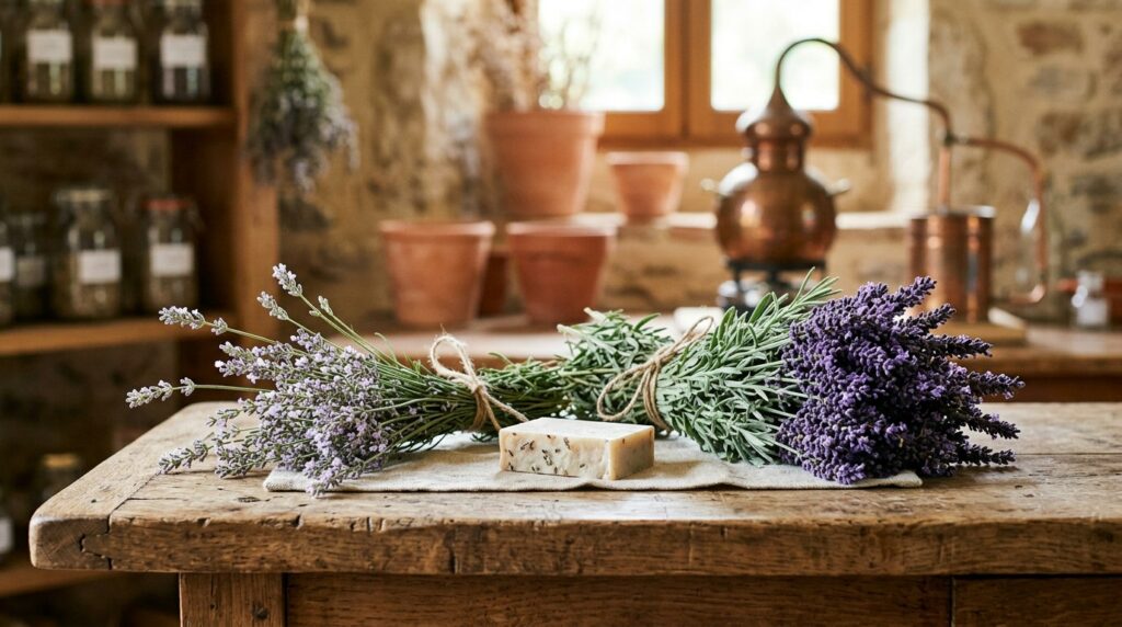 Savon à la lavande : lavande fine, lavandin et comment le choisir | La Savonnerie de Nyons Bouquets de lavande fine et de lavandin côte à côte avec un savon sur un établi de bois, alambic en cuivre - illustration, La Savonnerie de Nyons