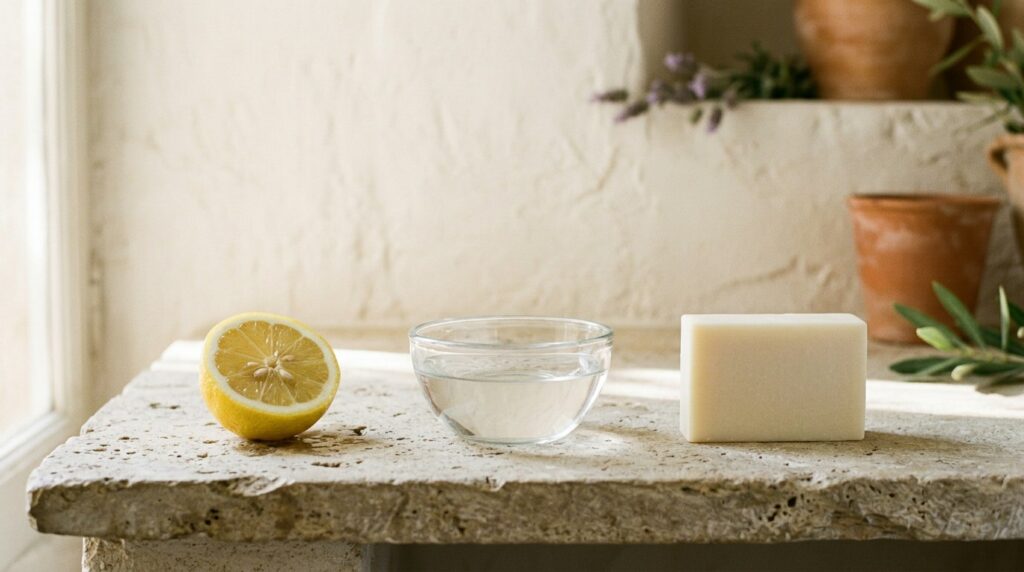 Demi-citron, bol d'eau claire et savon ivoire alignés sur une pierre : l'échelle du pH en objets - illustration, La Savonnerie de Nyons