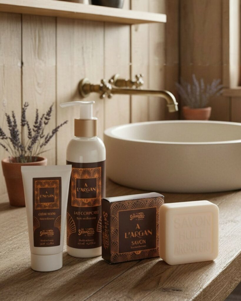 Crème mains, lait corporel et savon à l'huile d'argan bio de La Savonnerie de Nyons près d'un lavabo, format portrait - La Savonnerie de Nyons