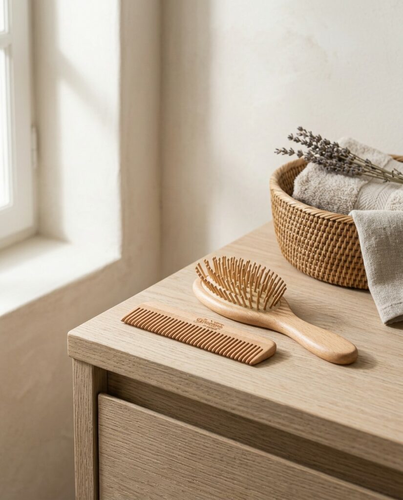 Peigne en bois de hêtre de La Savonnerie de Nyons et brosse à cheveux en bois sur un meuble en chêne, salle de bain en matières naturelles, variante B - La Savonnerie de Nyons