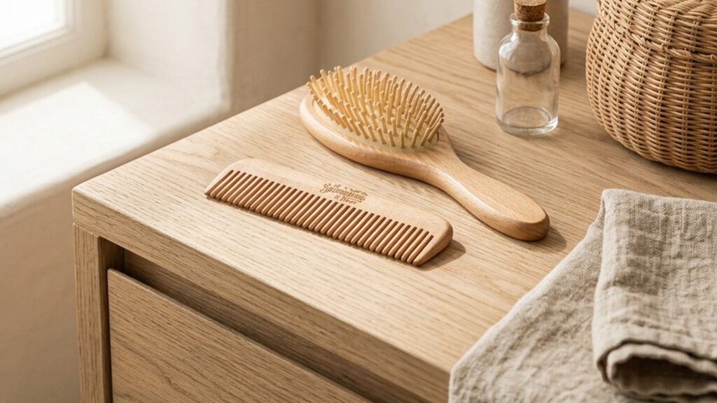 Peigne en bois de hêtre de La Savonnerie de Nyons et brosse à cheveux en bois posés sur un meuble en chêne, salle de bain en matières naturelles - La Savonnerie de Nyons