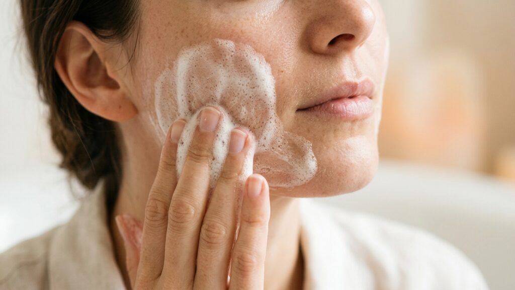 Gros plan d'une joue : une main applique une mousse de savon dense et onctueuse - La Savonnerie de Nyons