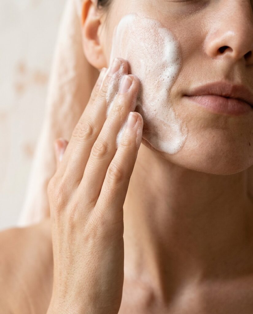 Gros plan d'une joue : une main applique une mousse de savon dense et onctueuse - La Savonnerie de Nyons