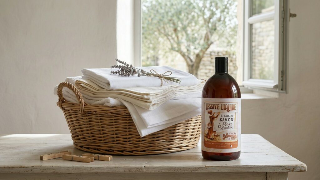 Panier en osier de linge blanc plié, brin de lavande et flacon de lessive liquide Le blanc d'antan devant une fenêtre ouverte sur un olivier, variante A - La Savonnerie de Nyons