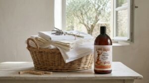 Panier en osier de linge blanc plié, brin de lavande et flacon de lessive liquide Le blanc d'antan devant une fenêtre ouverte sur un olivier, variante A - La Savonnerie de Nyons