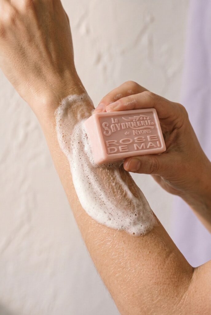 Main qui fait mousser un Savon Rose de Mai de La Savonnerie de Nyons sur un avant-bras couvert de mousse blanche