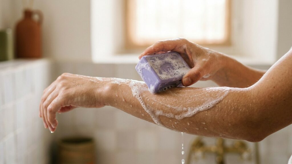 Savon solide pour le corps : le guide pour bien le choisir | La Savonnerie de Nyons Avant-bras mouillé couvert de mousse, une main frotte un savon de la Savonnerie de Nyons contre l'autre, variante A - La Savonnerie de Nyons